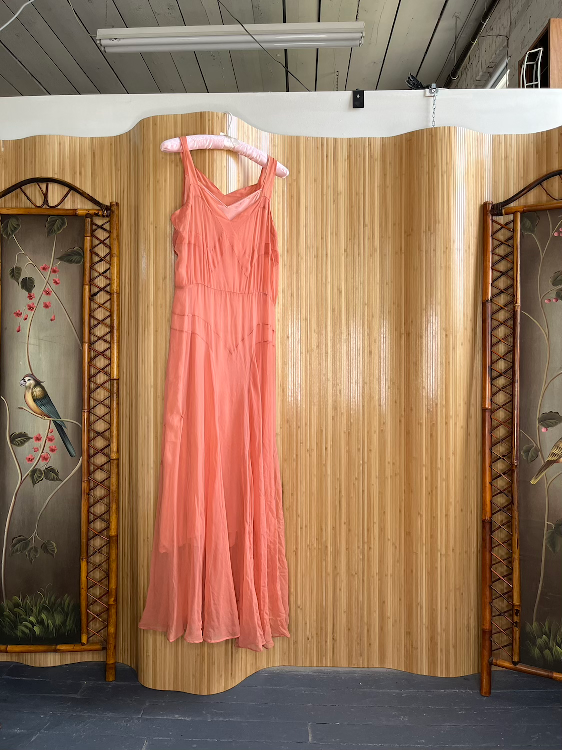 1930s Art Deco Soft Pink Silk Chiffon Gown Size M/L
