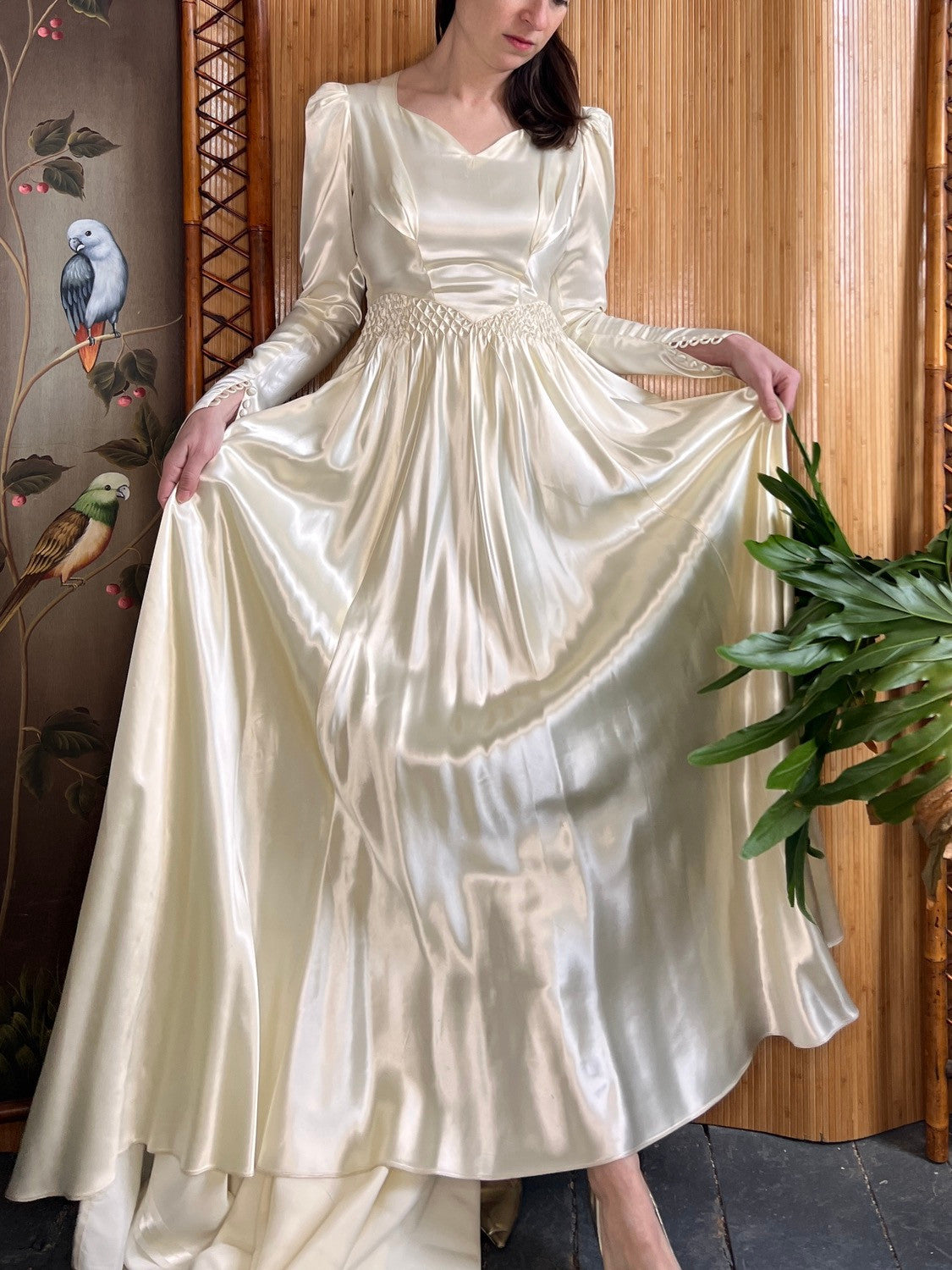 1940s Liquid Satin Smocked Wedding Gown with Cathedral Train S