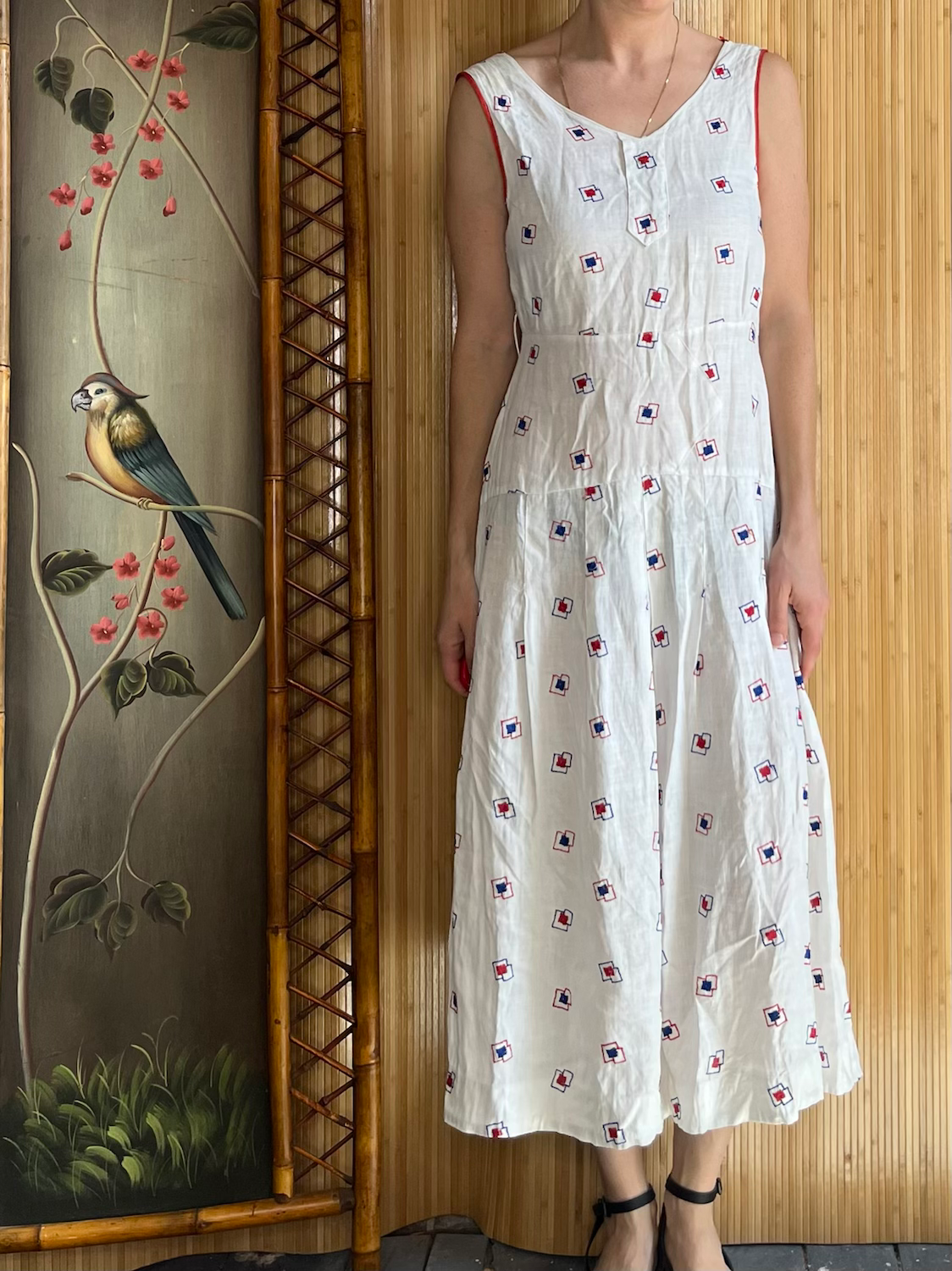 1930s Summer Linen Day Dress with Deco Embroidery S/M