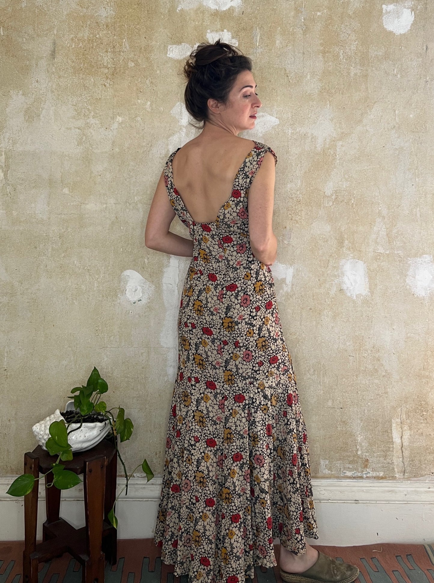 1930s Silk Crepe Bias Cut Floral Gown M