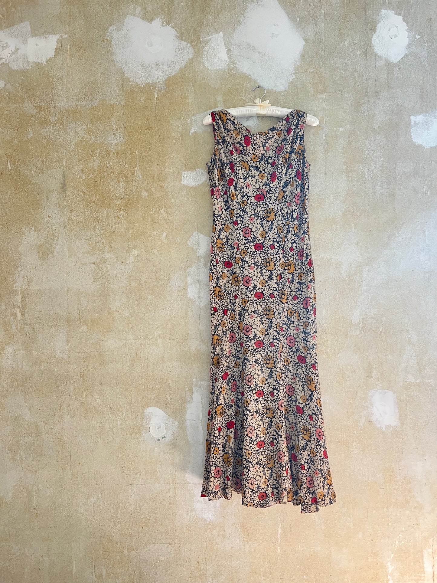 1930s Silk Crepe Bias Cut Floral Gown M