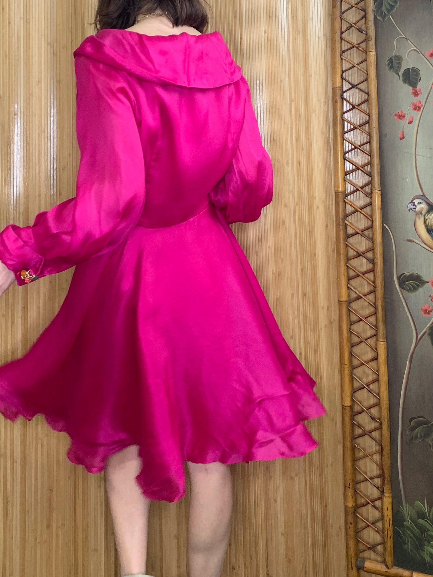 1970s Neiman Marcus Magenta Pink Silk Dress M