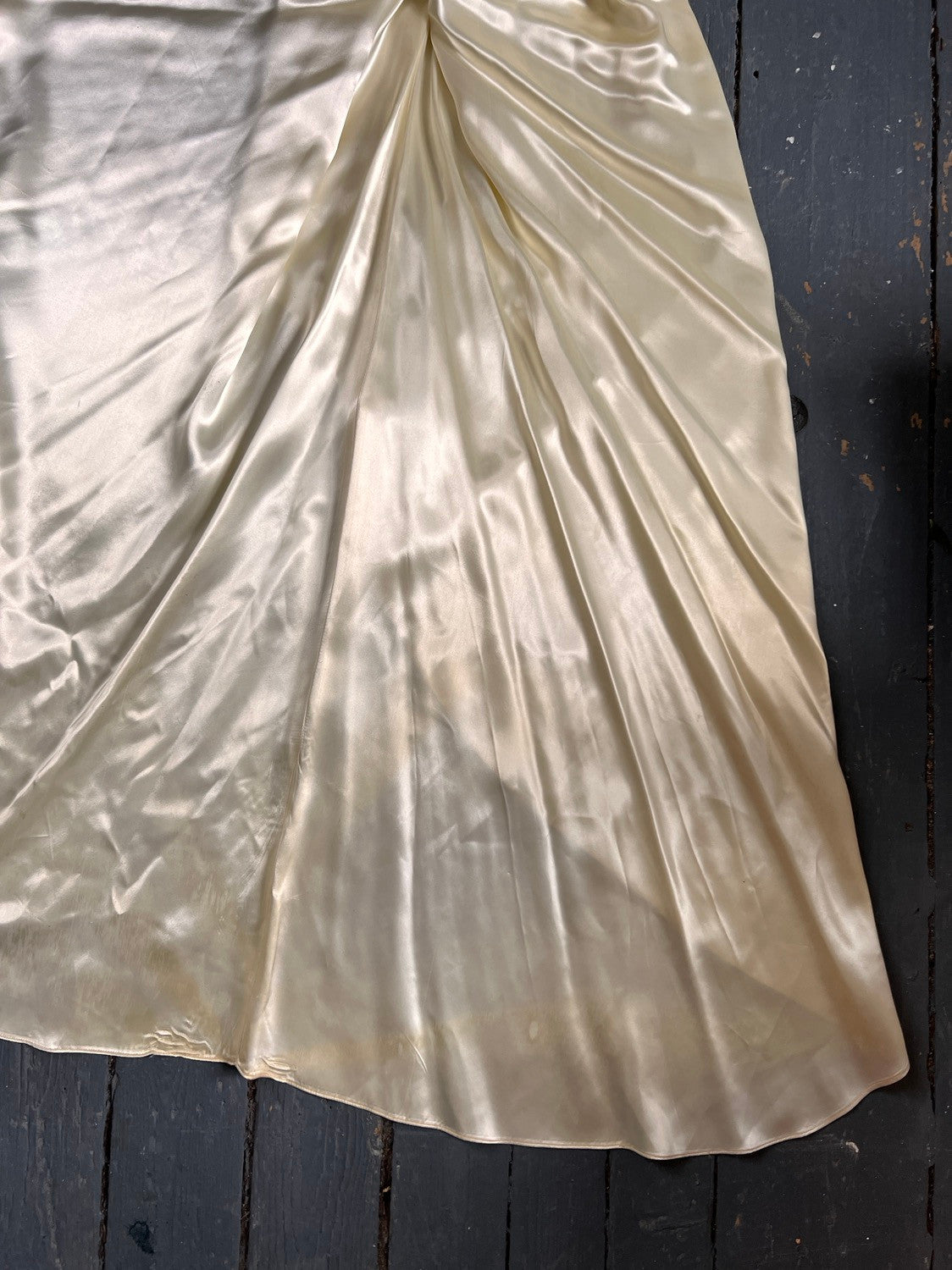 1940s Liquid Satin Smocked Wedding Gown with Cathedral Train S