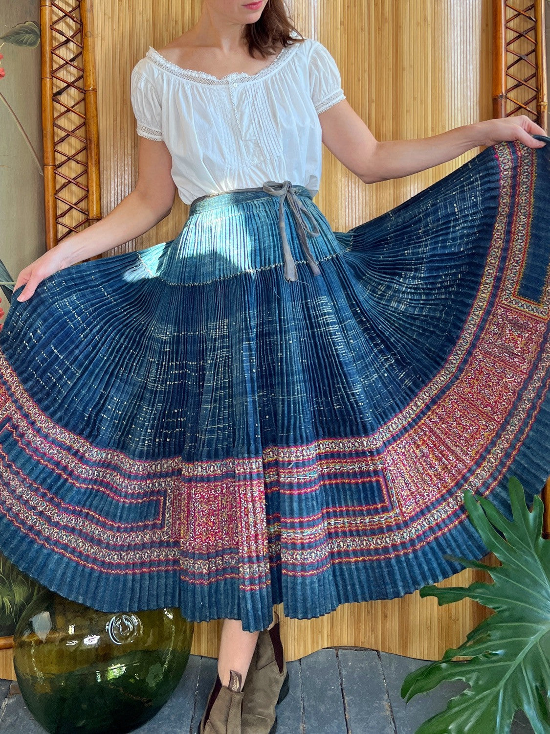 1940s Hmong Indigo Dyed Pleated Wrap Skirt XS- M