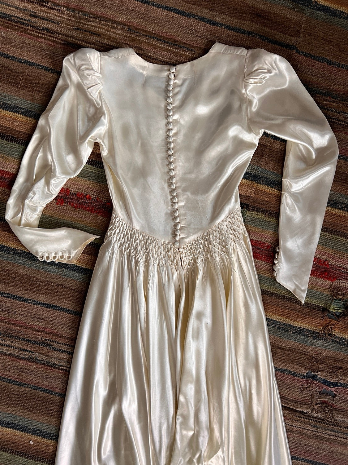 1940s Liquid Satin Smocked Wedding Gown with Cathedral Train S