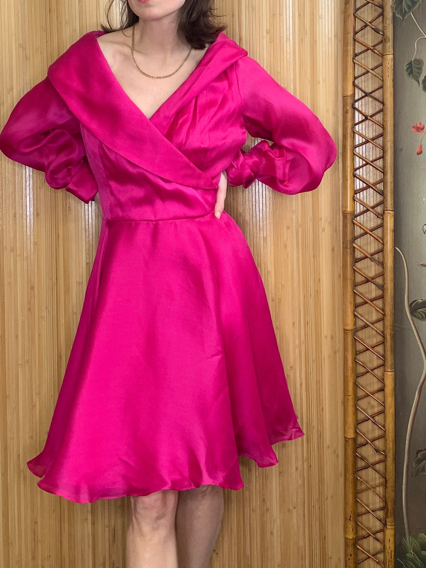 1970s Neiman Marcus Magenta Pink Silk Dress M