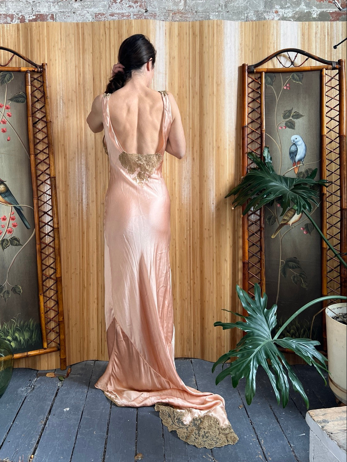 1930s Rose Gold Silk and Lace Bias Cut Gown S/M