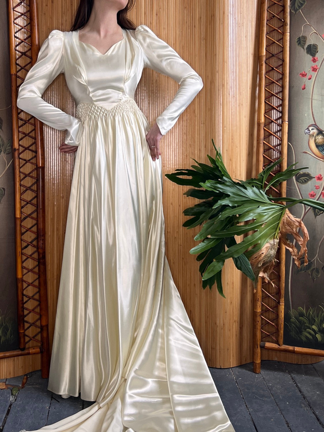 1940s Liquid Satin Smocked Wedding Gown with Cathedral Train S
