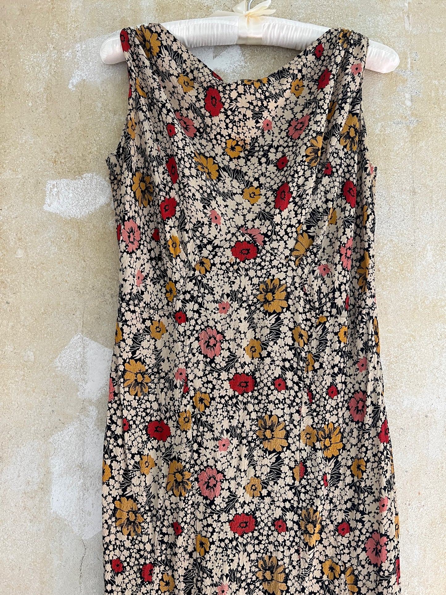 1930s Silk Crepe Bias Cut Floral Gown M