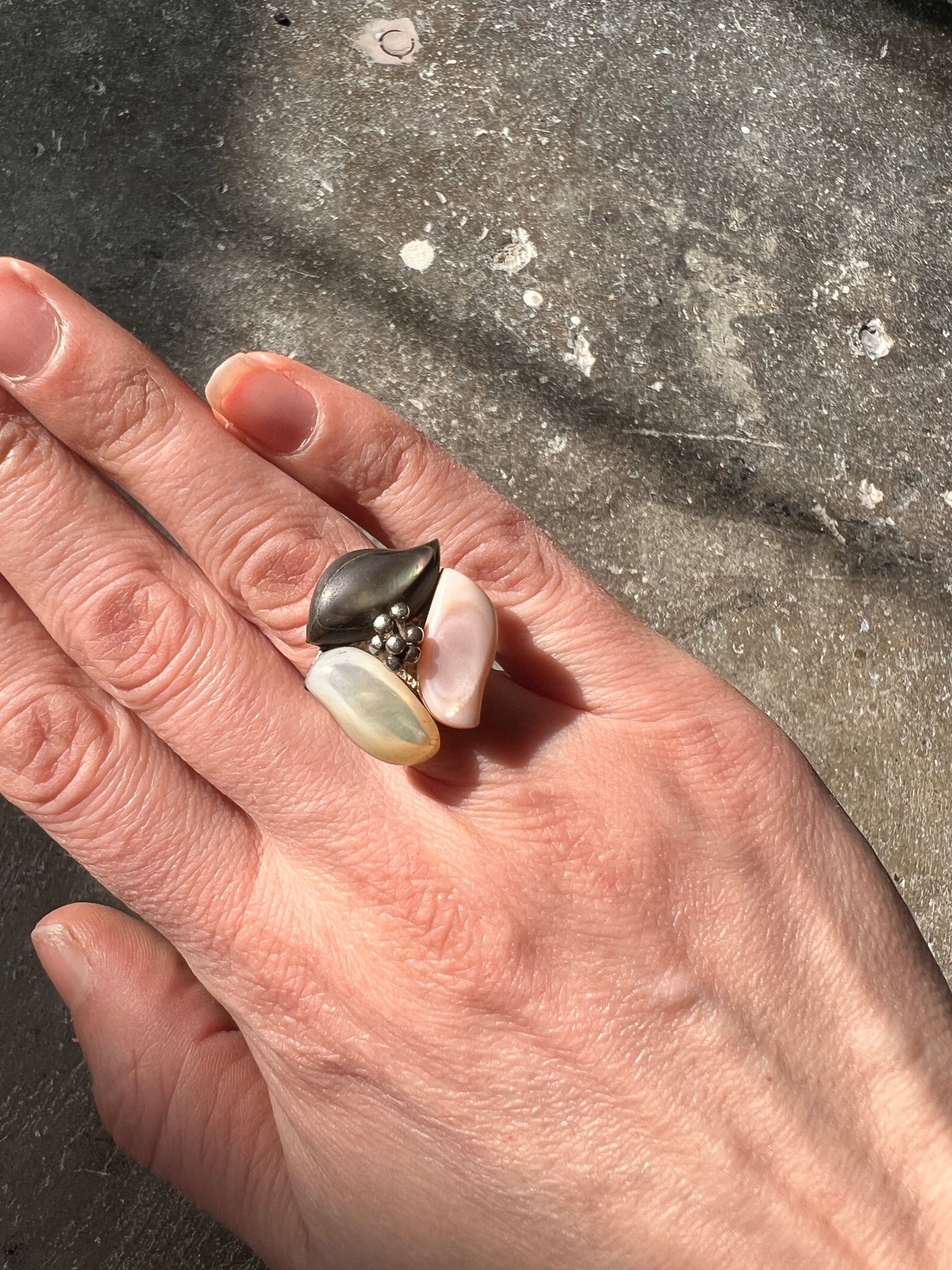 Triple Mother of Pearl and Sterling Flower Ring