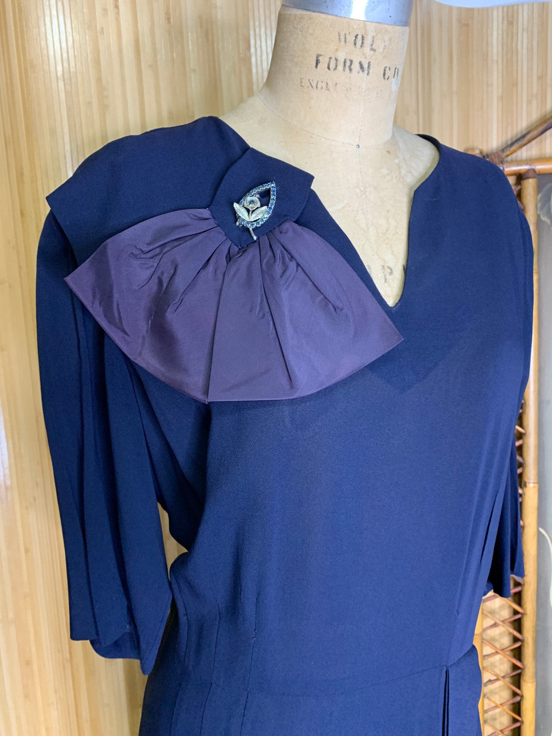1940s Navy Silk Dress Size L/XL