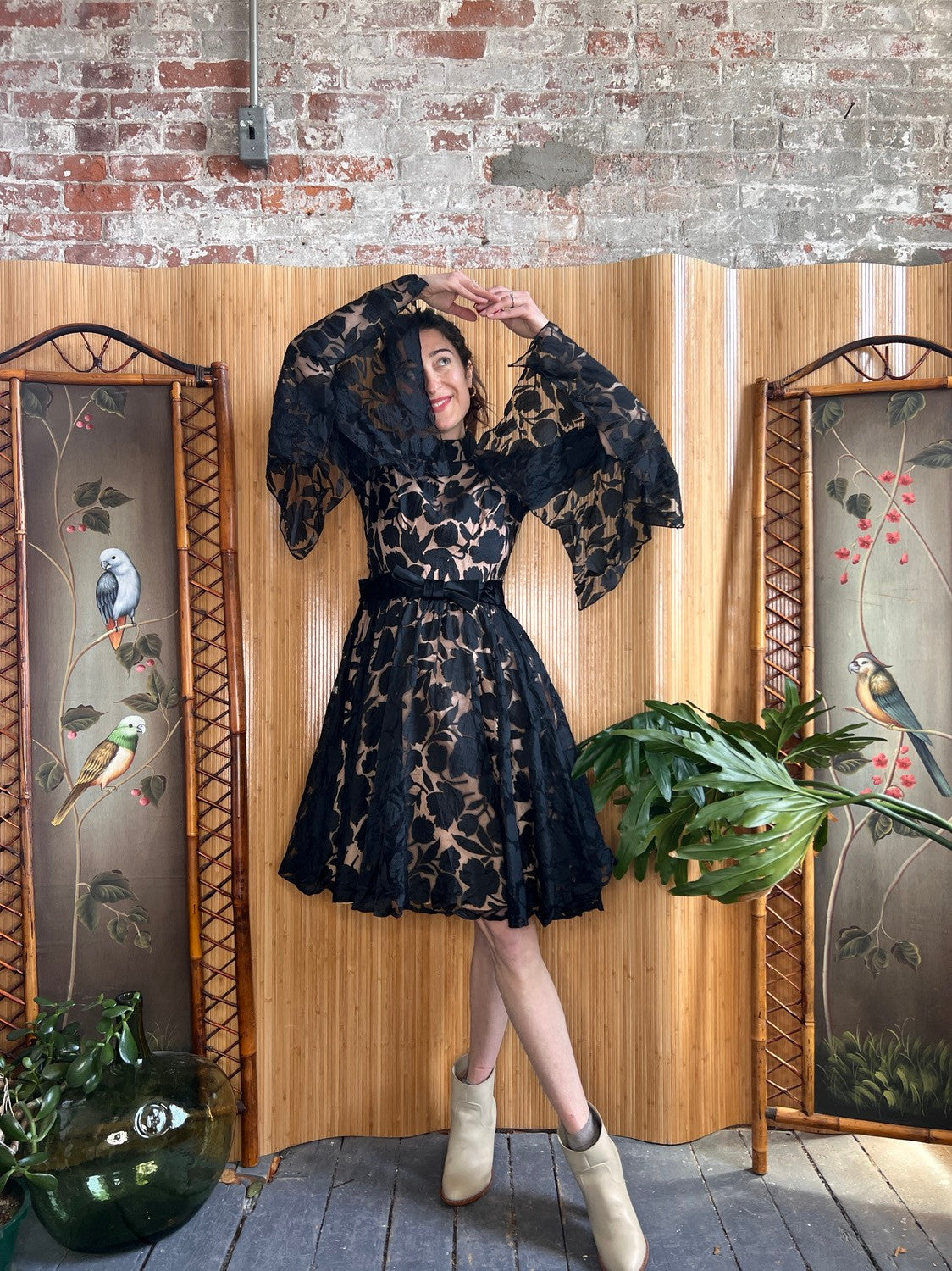 1950s Illusion Lace Silk Dress M