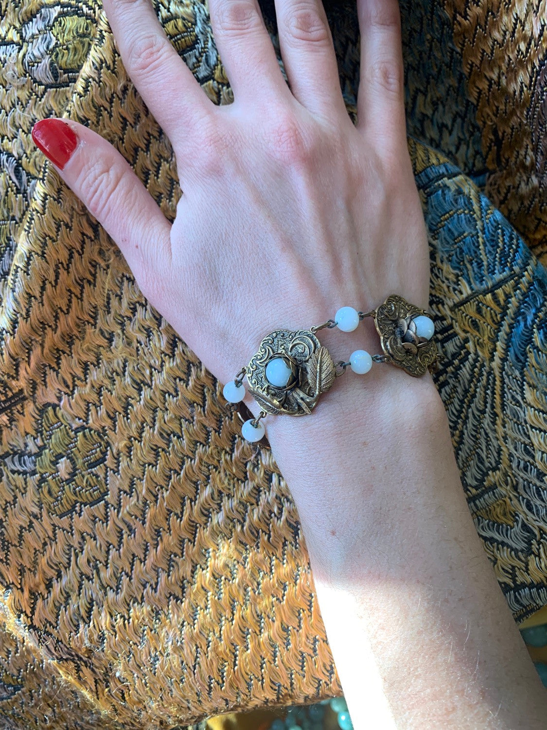 Victorian Stamped Brass and Milk Glass Beads Necklace and Bracelet