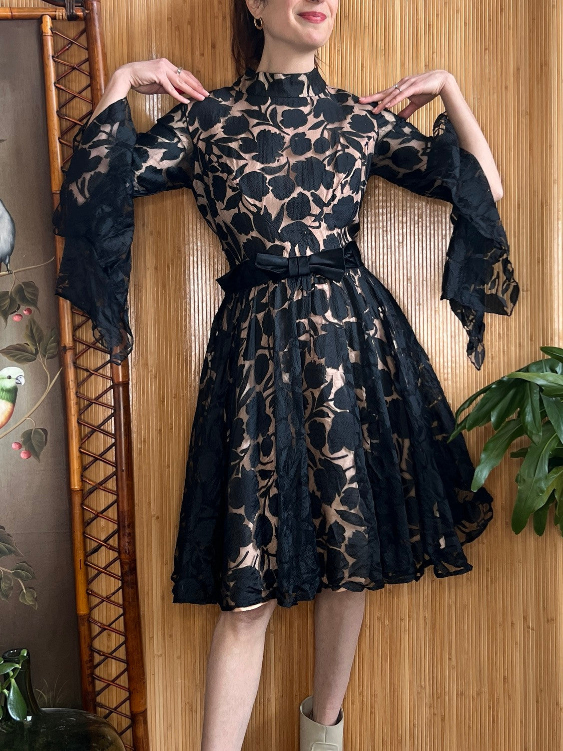 1950s Illusion Lace Silk Dress M