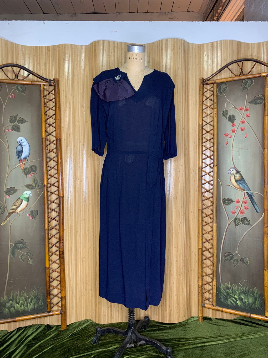 1940s Navy Silk Dress Size L/XL