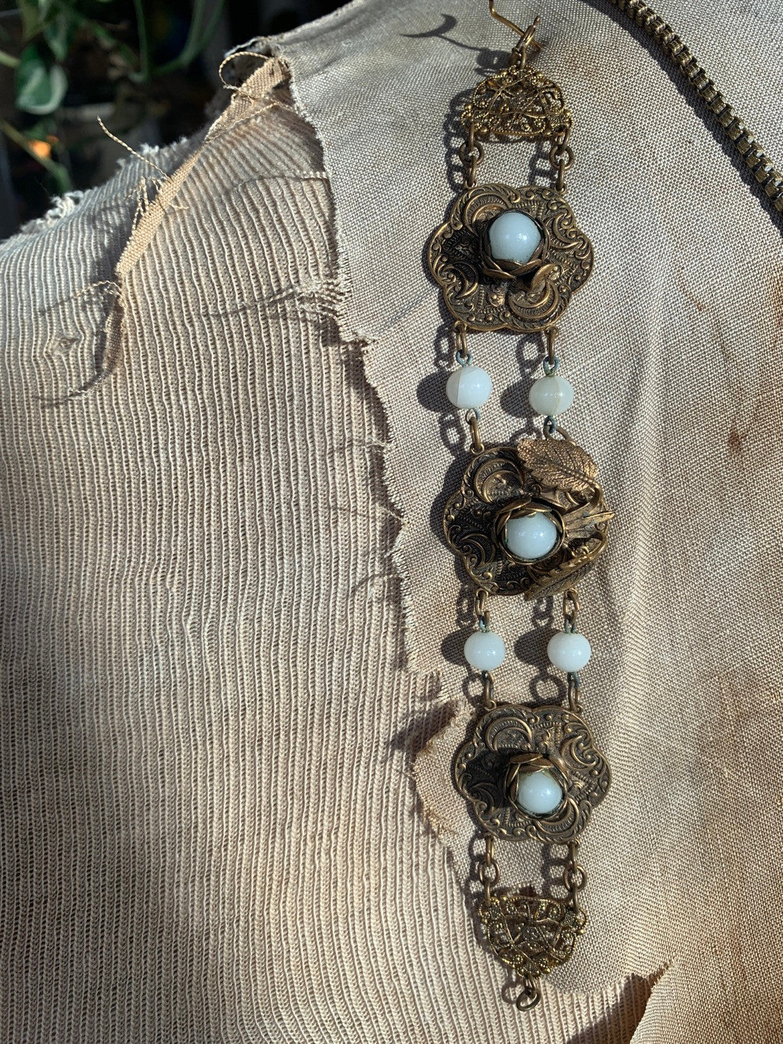 Victorian Stamped Brass and Milk Glass Beads Necklace and Bracelet