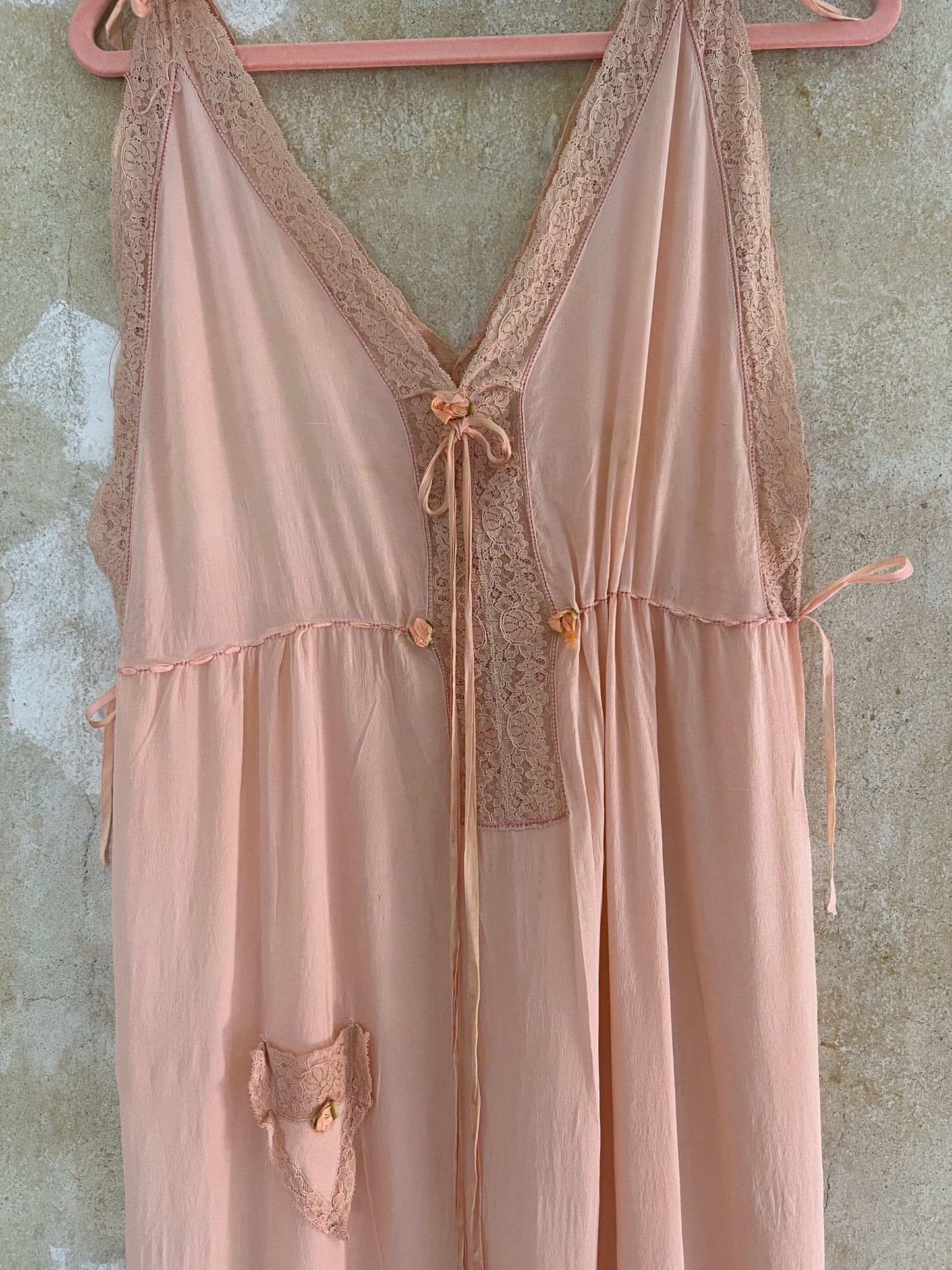 1920s Pink Silk Ribbons & Rosettes Slip Dress M/L