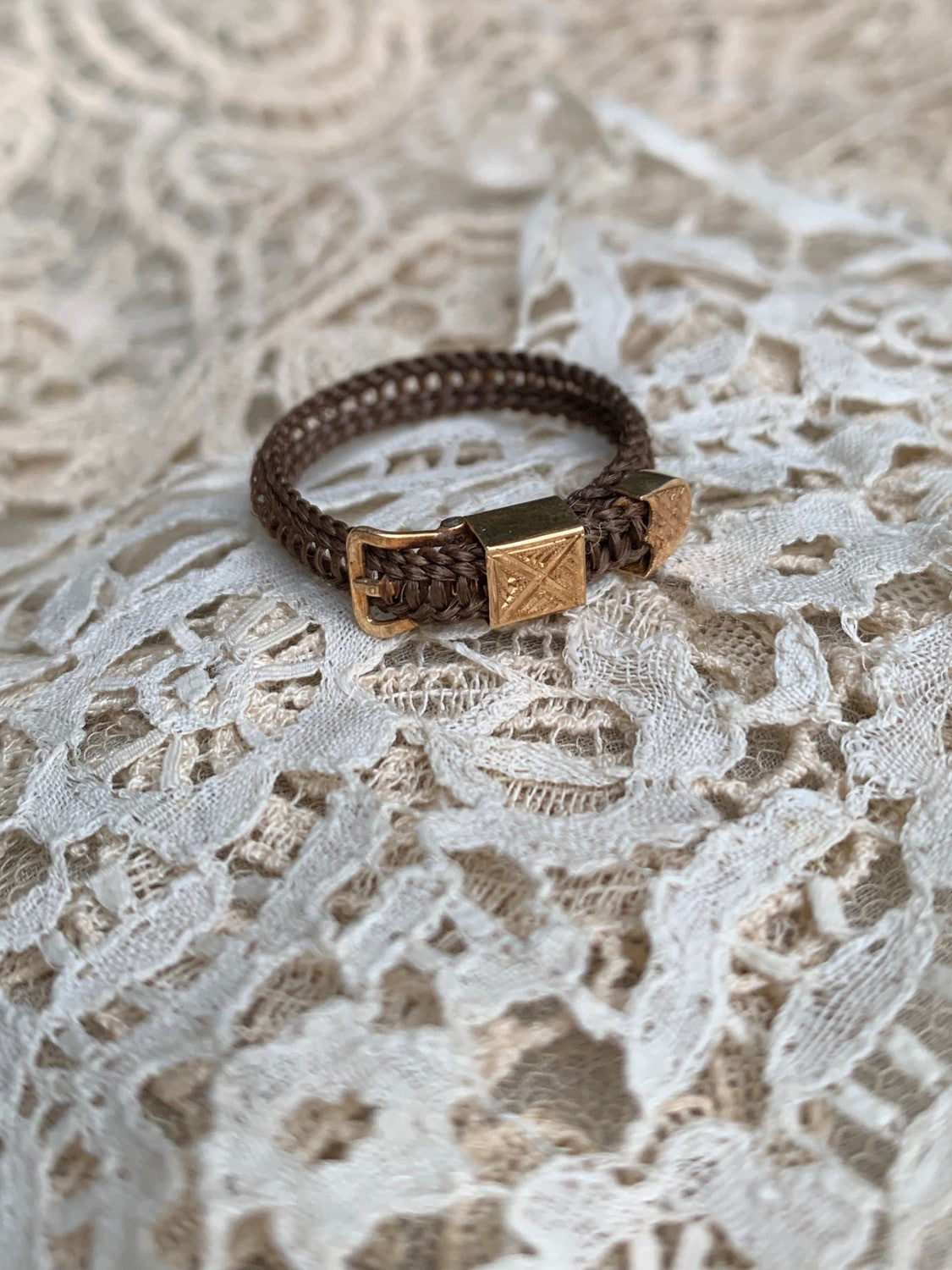 Antique Victorian Woven Hair 15k Gold Buckle Ring Mourning Jewelry