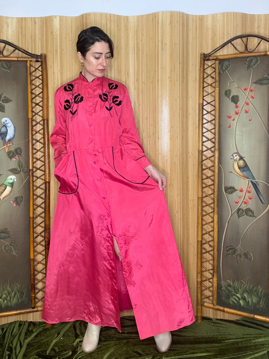 1950s Satin Applique Dressing Gown Robe