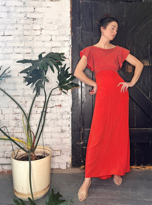 Deco Darling Coral Silk Beaded Gown S