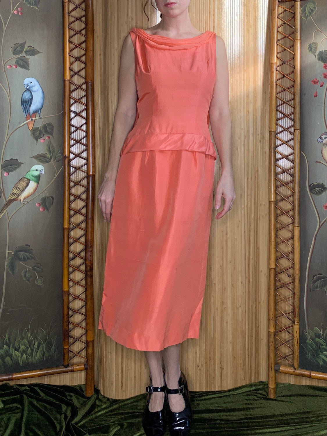 1960s Salmon Pink Chiffon Silk Dress Size S