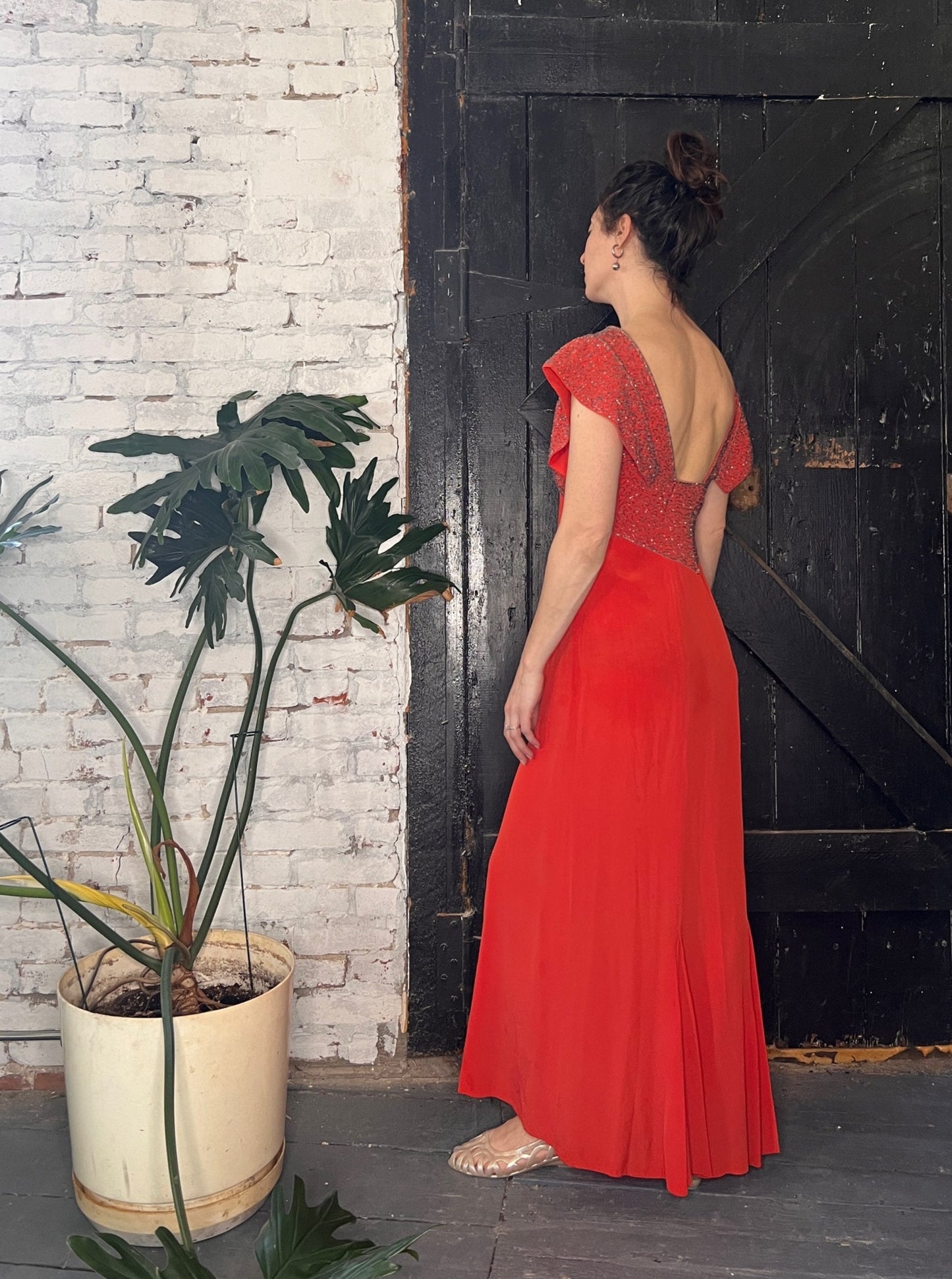 Deco Darling Coral Silk Beaded Gown S