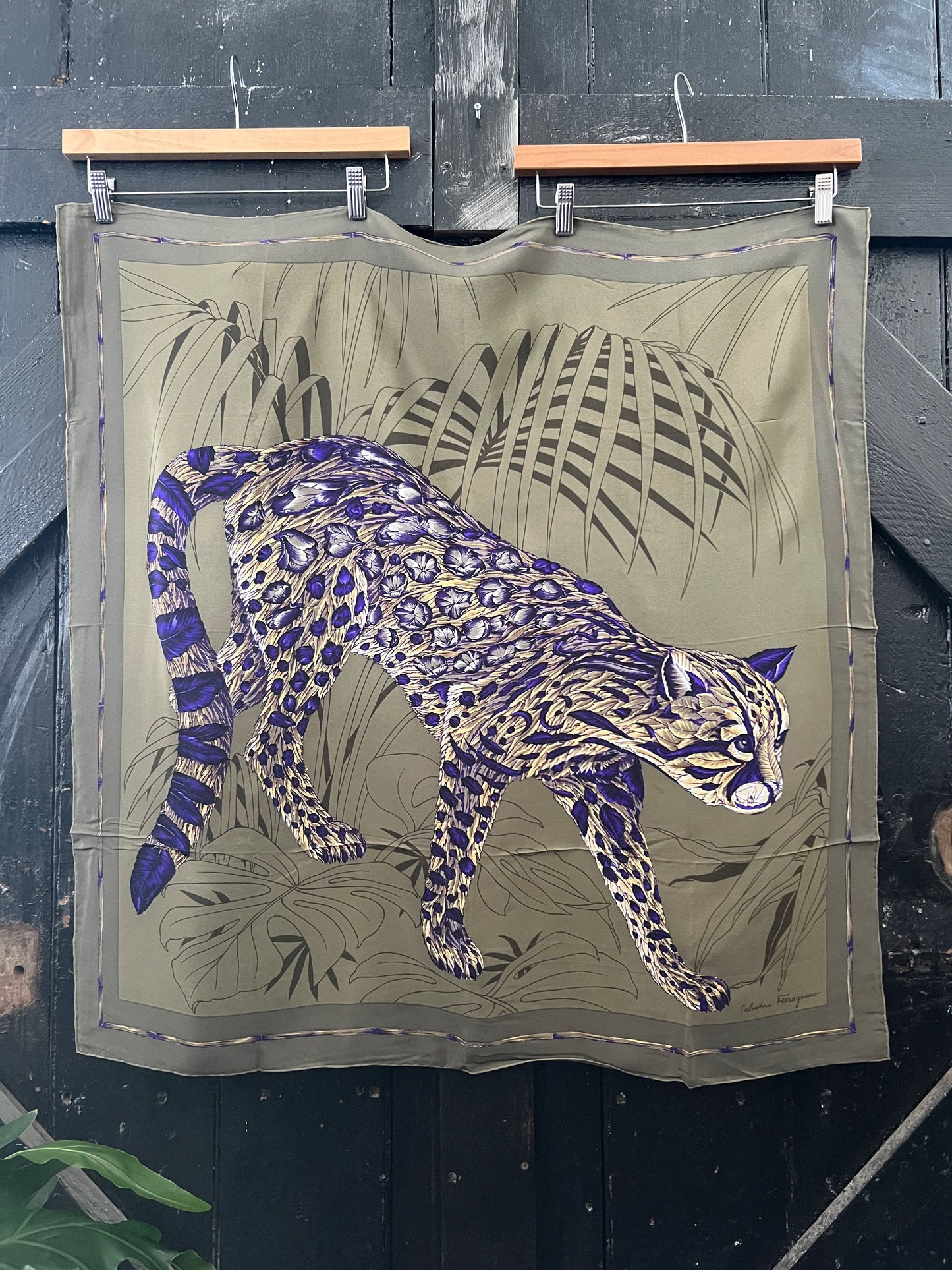 Vintage Ferragamo Silk Scarf Purple Leopard